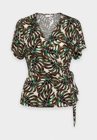 Blouse nouée avec un motif de feuilles tropicales noir, vert et blanc. Tissu léger, manches courtes et détail nœud à la taille.