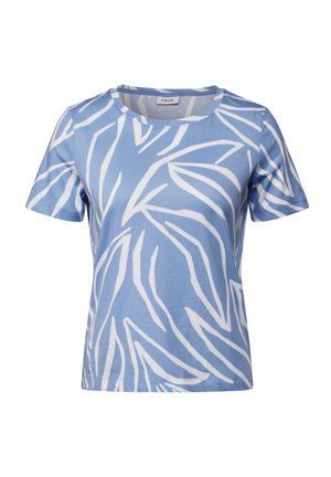 Camiseta de algodón de color azul claro con cuello redondo, que presenta un patrón abstracto de hojas blancas a través de la tela. Manga corta.