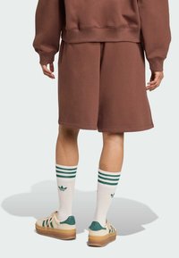 Hnedé, nadmerné šortky z jemného materiálu, s uvoľneným strihom. V kombinácii s bielymi ponožkami so zelenými pruhmi a krémovými teniskami so zelenými akcentmi.