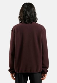 Burgundy fleece sweater with a textured surface, oversized fit, drop shoulders, and ribbed cuffs, shown from the back.