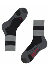 Calze in cotone nere e grigie con motivo a righe, dotate di punta e tallone rinforzati. Taglia contrassegnata come 39-40, con dettagli del logo R e F.