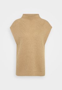 Beige neulepusero ilman hihoja, jossa on korkea kaulus, teksturoitu pinta ja rento istuvuus. Vaakasuoraa ribbikuviointia helmassa.