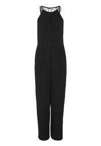 Černý overal s designem na zavazování za krk, krajkovými detaily na ramenou, sklady v pase a zúženými nohavicemi. Hladká textilie.