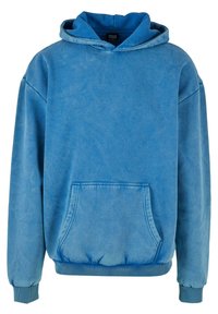 Sweat à capuche bleu avec poche kangourou à l'avant et poignets et ourlet côtelés, montrant une texture de tissu légèrement fanée.
