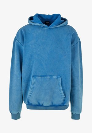 Modrá mikina s kapucňou a predným kengurím vreckom, s rebrovanými manžetami a lemom, s jemne vyblednutou textúrou látky.