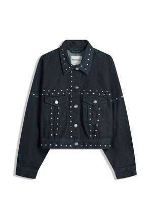 Dark denim cropped jacket featuring silver studs, two front pockets, button closure, and a fold-over collar. Textured fabric enhances design.