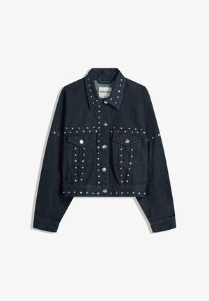 Dunkelblaue, verkürzte Jeansjacke mit silbernen Nieten, zwei vorderen Taschen, Knopfverschluss und umgeschlagenem Kragen. Strukturierter Stoff verleiht dem Design zusätzlichen Charakter.