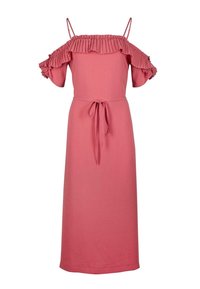 Vaaleanpunainen hartioilta avoin midi-mekko, jossa on pleated-tyylinen röyhelökaulus, lyhyet hihat, ohuet olkaimet ja vyötärölle sidottava vyö.