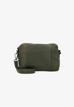 Sac bandoulière vert olive en cuir lisse avec des accents en maille texturée, fermeture éclair et bandoulière réglable. Détails du logo à l'avant.