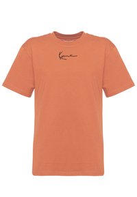 Camiseta de manga corta en algodón color naranja quemado con escote redondo. Presenta un logotipo negro bordado en el pecho.