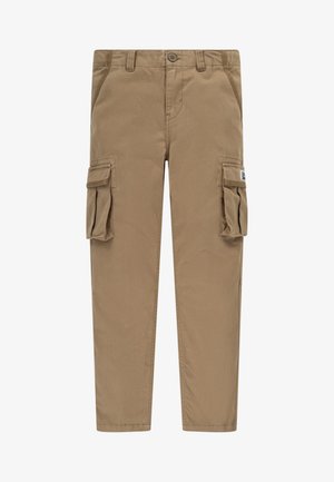 Pantaloni cargo marroni con taglio dritto, tasche frontali e due tasche laterali. Realizzati in un tessuto resistente con una texture liscia.