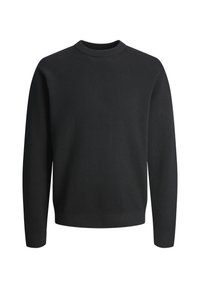 Zwarte crew-neck trui van gestructureerde gebreide stof, met lange mouwen en een ontspannen pasvorm. Eenvoudig ontwerp zonder zichtbare versieringen.