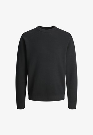 Zwarte crew-neck trui van gestructureerde gebreide stof, met lange mouwen en een ontspannen pasvorm. Eenvoudig ontwerp zonder zichtbare versieringen.