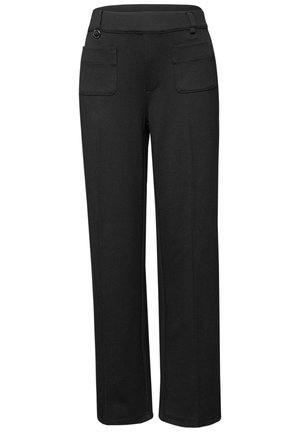 Pantalon noir à jambe droite avec poches plaquées à l'avant et passants pour ceinture, avec un détail en anneau sur la poche droite.