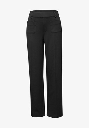 Zwarte rechte broek met voorzakken en riemlussen, met een ringdetail op de rechterzak.