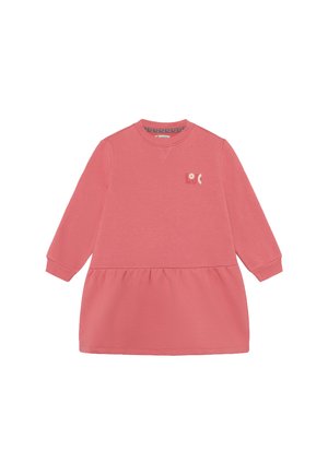 Korallrosa Kleid mit langen Ärmeln, gerafftem Rock, rundem Auschnitt und kleinem Logo auf der Brust. Hergestellt aus weichem Material.
