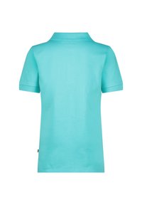 Polo shirt turchese, maniche corte, in cotone, colletto classico, texture liscia, con un piccolo logo sul lato sinistro.