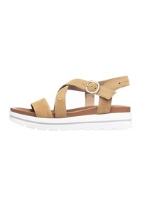 Sandalo in pelle marrone con cinturini intrecciati e una fibbia decorativa. Presenta una suola in platform bianca e una soletta in pelle testurizzata marrone per il comfort.