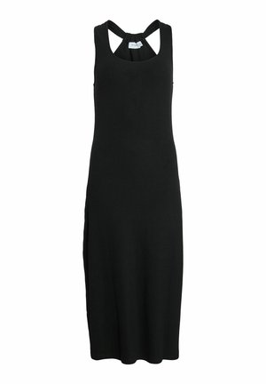 Schwarzes, geripptes Midikleid mit figurbetonter Silhouette, das über ein einzigartiges Kreuzgurtdesign auf der Rückseite und seitlichen Schlitzen für Bewegungsfreiheit verfügt.
