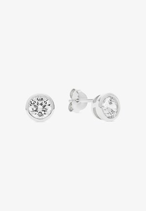 Boucles d'oreilles en argent avec des pierres précieuses claires, rondes et facettées, serties dans un châssis en métal lisse et poli. Design minimaliste avec une finition soignée.
