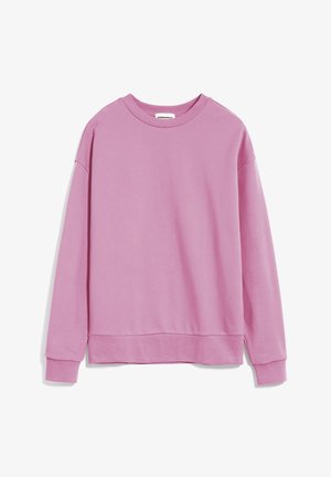 Růžová bavlněná mikina s klasickým výstřihem, spadlými rameny a uvolněným střihem. Má žebrované manžety a spodní lem. Hladká textura po celém povrchu.