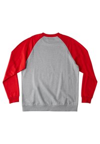 Šedá mikina s dlouhými červenými raglánovými rukávy, žebrovanými lemy a pasem. Měkký bavlněný materiál s hladkou texturou a minimálním zdobením.