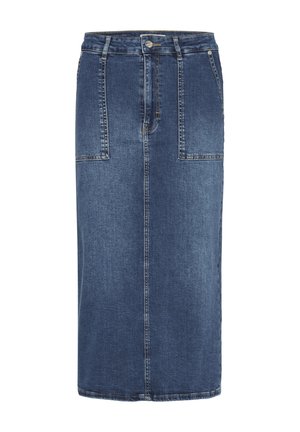 Fustă midi din denim albastru, cu buzunare aplicate în față, cârlige pentru curea, închidere cu nasturi și detalii cu cusături centrale.