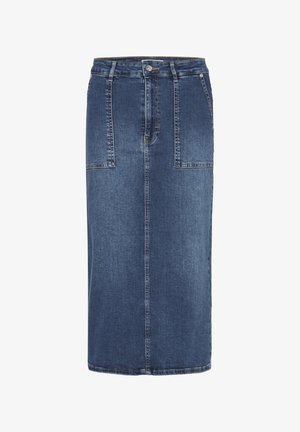 Sinine teksaseidist midi-seelik esikülje taskute, vööaasade, nööpkinnituse ja keskmise õmblusega detailidega.