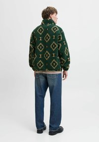 Zielony polarowy sweter z geometrycznym wzorem diamentowym w kolorze beżowym i ciemnobrązowym. Posiada wysoki kołnierz i luźny krój, zestawiony z jasnoniebieskimi dżinsami.