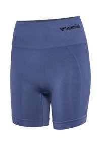 Blå højtaljede sømløse atletikshorts med sort "hummel" logo på linningen, designet til komfort og ydeevne.