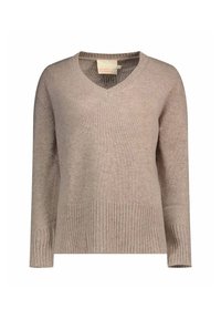 Maglione color beige in cashmere con scollo a V, maniche lunghe, orlo e polsini a coste e finitura testurizzata.