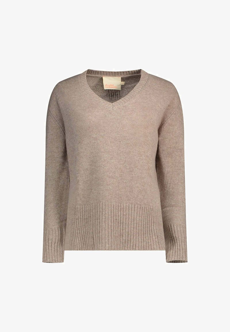 Maglione color beige in cashmere con scollo a V, maniche lunghe, orlo e polsini a coste e finitura testurizzata.