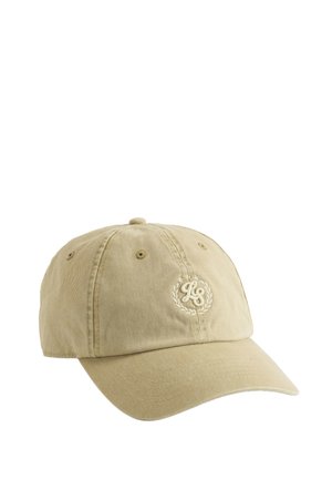 Beige Baseballkappe mit gesticktem "LS" Logo in einem Lorbeerkranz auf der Vorderseite, sechs Paneele und Belüftungsösen.