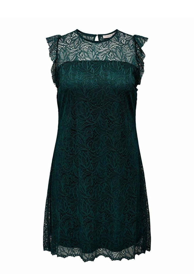 Spetsklänning i mörkgrön med åtsittande liv och utsvängd kjol, med volangärmar och ett intrikat bladmönster.