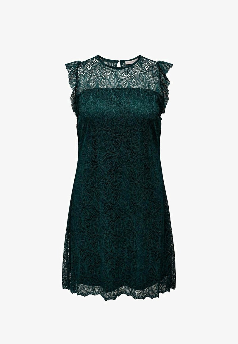 Spetsklänning i mörkgrön med åtsittande liv och utsvängd kjol, med volangärmar och ett intrikat bladmönster.