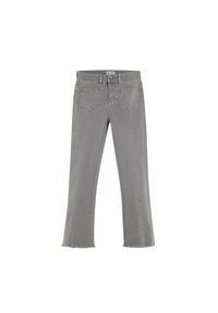 Jeans de mezclilla gris acampanados con cintura alta, que cuentan con dos bolsillos traseros, dobladillo deshilachado y costuras verticales en la parte delantera.