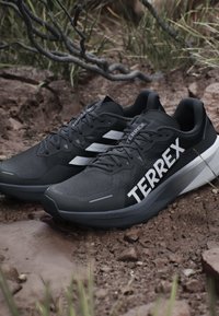 Coppia di scarpe da trail running Adidas Terrex nere con marchio bianco posate su terreno roccioso all'aperto con erba secca.