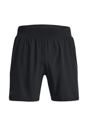 Schwarze Sportshorts mit elastischem Bund, aus leichtem Stoff gefertigt. Verfügt über eine glatte Textur und ein dezentes Logo unten links.