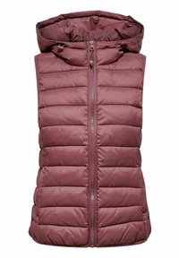 Kamizelka pikowana w głębokim mauve, z przodu z zamkiem na suwak, z przymocowanym kapturem oraz pikowanym wzorem z poziomym przeszyciem i gładką fakturą.