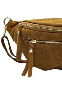 Sac bandoulière en suédine marron avec deux poches zippées, quincaillerie dorée et sangle réglable. Texture lisse et forme douce et arrondie.