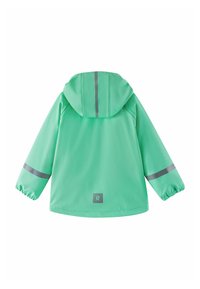 Παιδικό αδιάβροχο μπουφάν σε μέντα πράσινο με κουκούλα και ανακλαστικές γκρι ρίγες στην κουκούλα και τα μανίκια, εμφανίζεται από πίσω.