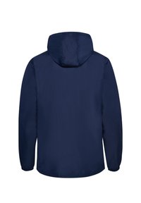 Veste à capuche bleu marine avec manches longues, poignets élastiques et ourlet droit vue de dos sur fond blanc.
