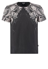 Svart bomulls T-shirt med ett detaljerat grått och vitt blommönster på axlarna, rund halsringning och korta ärmar.