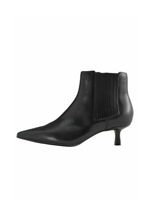 Black leather ankle boot with a pointed toe, elastic side panel, and a slim, low heel. Smooth texture with minimal detailing.