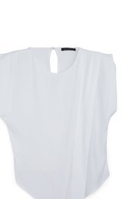 Blusa bianca realizzata in tessuto leggero, con scollatura rotonda, maniche corte e un sottile'apertura a chiave sul retro.