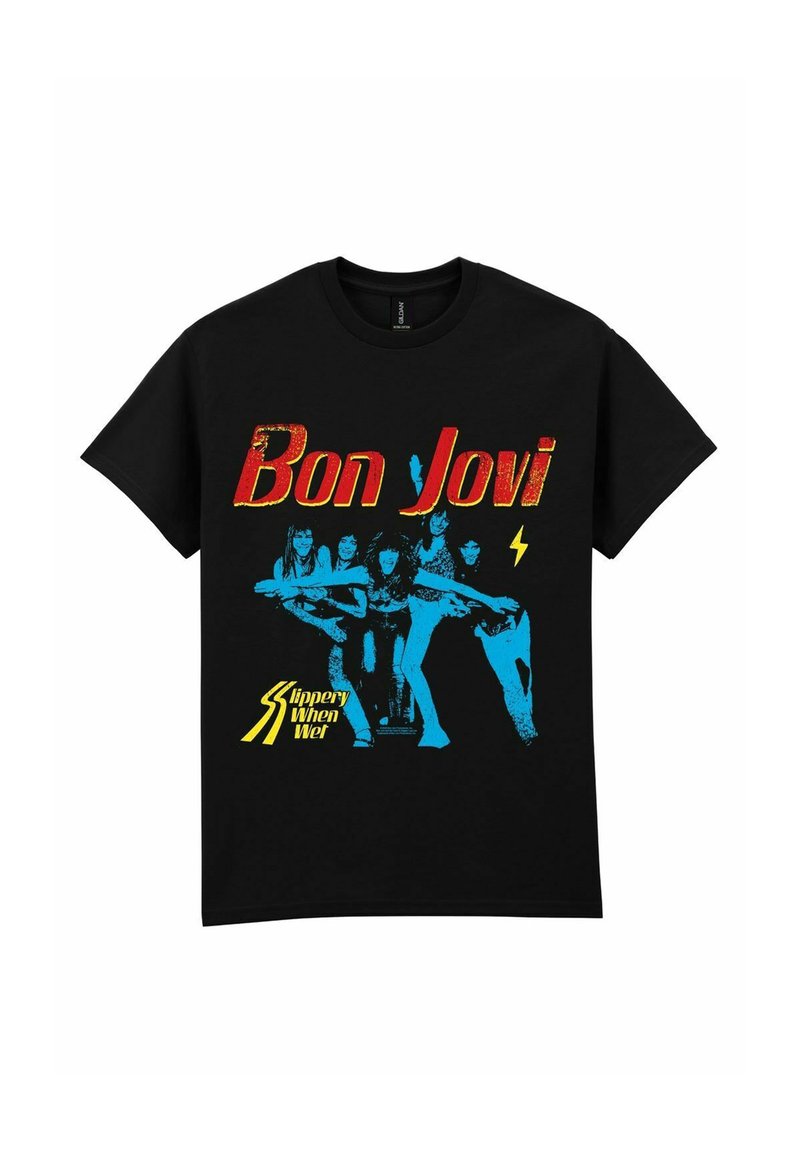 Černé bavlněné tričko s barevným grafickým potiskem textu "Bon Jovi" v červené a modré barvě, se bleskem a postavami.