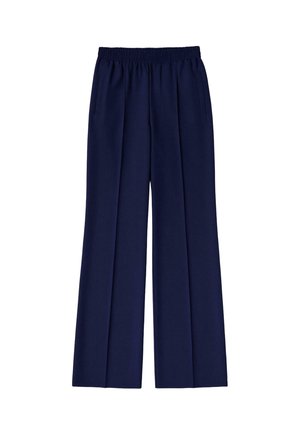 Pantalon large bleu marine à coupe décontractée, taille élastiquée, deux poches latérales et texture de tissu lisse. Il présente des plis sur le devant.
