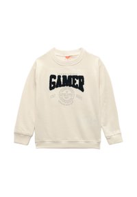 Krämfärgad sweatshirt med långa ärmar, rund hals och texturerad "GAMER"-grafik i mörkblått och grått. Ribbad mudd och nederkant.