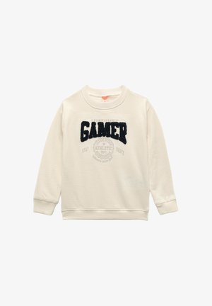 Cremfarbener Sweatshirt mit langen Ärmeln, rundem Ausschnitt und strukturiertem "GAMER"-Grafik in Dunkelblau und Grau. Gerippte Bündchen und Saum.