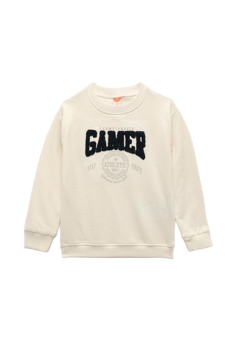 Krämfärgad sweatshirt med långa ärmar, rund hals och texturerad "GAMER"-grafik i mörkblått och grått. Ribbad mudd och nederkant.